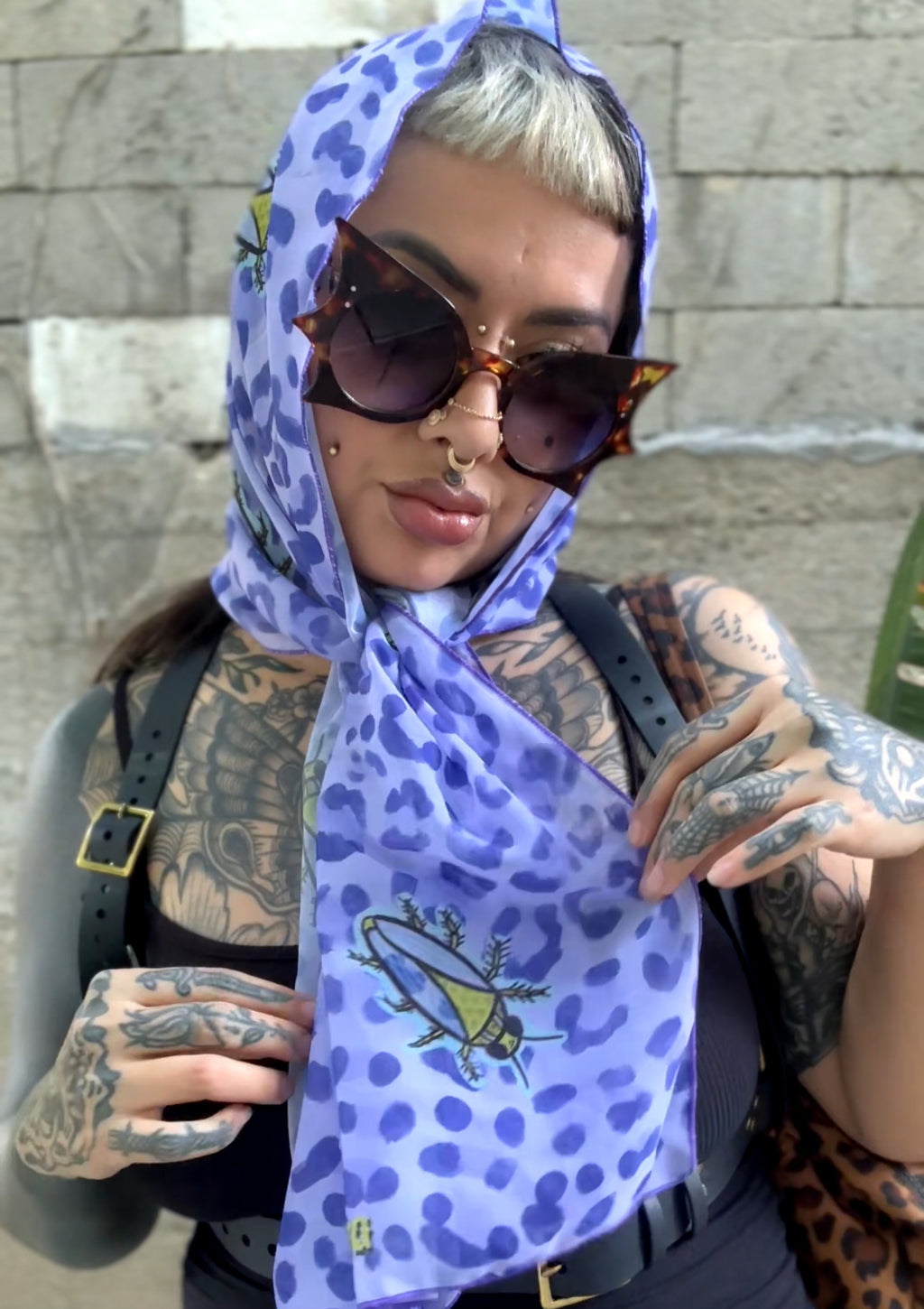 Roach & Leopard Print Chiffon Scarf